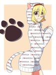  alice_margatroid animal_hood blonde_hair blue_eyes cat_hood cat_tail hairband hood hooded_jacket jacket neko_majin paws short_hair smile solo tail touhou unmoving_pattern 