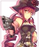  1girl artist_request bare_shoulders belt breasts brown_eyes flower gloves gun hat karen_(luminous_arc) luminous_arc luminous_arc_2 moe_(hamhamham) red_hair rose twintails weapon 