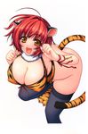  :d absurdres animal_ears animal_print bent_over black_legwear bottomless breasts covered_nipples fang fingernails highres large_breasts open_mouth original paw_shoes red_hair ribbon shoes short_hair slit_pupils smile solo sumeragi_kohaku tail thighhighs tiger_ears tiger_print tiger_tail wrist_ribbon yellow_eyes 
