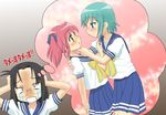  blush chunpai crying eye_contact glasses green_eyes green_hair imagining iwasaki_minami kobayakawa_yutaka long_hair looking_at_another lucky_star multiple_girls no_legwear pink_hair ryouou_school_uniform school_uniform serafuku short_hair skirt smile streaming_tears tamura_hiyori tears thought_bubble translated yellow_neckwear yuri 