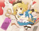  :o ace_of_hearts alice_in_wonderland bad_id bad_pixiv_id balloon black_bow blonde_hair bottle bow candy_(smile_precure!) card creature cup dress frills full_body hair_bow hairband hat heart kettle key kise_yayoi morii_(lucky_tune) pantyhose pink_bow playing_card precure sepia_background short_hair smile_precure! striped striped_legwear tea teacup top_hat yellow_eyes 