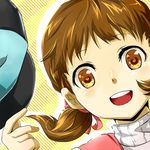  :d abemiha12 brown_eyes brown_hair doujima_nanako hat hat_removed headwear_removed holding holding_hat looking_at_viewer lowres open_mouth persona persona_4 portrait smile solo twintails 
