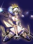  armor armored_dress bare_shoulders breasts brown_eyes choker cleavage crown drawfag dress elbow_gloves flower gauntlets gloves gwendolyn hair_flower hair_ornament kneeling odin_sphere petals polearm short_hair small_breasts spear strapless strapless_dress weapon white_hair wings 