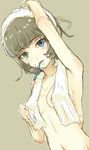  armpits bad_id bad_pixiv_id blonde_hair blue_eyes breasts face heterochromia idolmaster idolmaster_cinderella_girls lips mole mole_under_eye nude nushityama short_hair sketch small_breasts solo takagaki_kaede toothbrush towel 