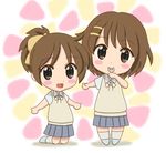  blush_stickers brown_hair chibi chunpai hirasawa_ui hirasawa_yui k-on! looking_at_viewer multiple_girls open_mouth school_uniform short_hair siblings sisters skirt smile 