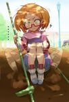  1girl blush dappled_sunlight embarrassed eyelashes glasses moudoku_(decopon3rd) orange_eyes orange_hair precure red-framed_eyewear red_legwear shirabe_ako short_hair sitting solo stilts strap_slip suite_precure sunlight translation_request 