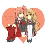  2girls brown_hair copyright_name hinamori_amu mashiro_rima multiple_girls necktie pink_hair ribbon shoes shugo_chara! skirt tie title_drop yellow_eyes 