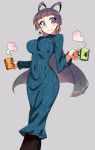  1girl blue_eyes breasts clothed coffee covered_navel dress drink earrings jewelry large_breasts long_hair looking_at_viewer smile solo tight_dress wide_hips 