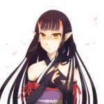  1girl alfa_system bare_shoulders black_hair detached_sleeves horns japanese_clothes long_hair pointy_ears sakuya_(tales_of_innocence) simple_background tales_of_(series) tales_of_innocence yellow_eyes 