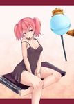  animal bare_legs bare_shoulders barefoot blush breasts candy cleavage food highres inu_x_boku_ss irohasu lollipop pink_eyes pink_hair pocky roromiya_karuta see-through sitting small_breasts strap_slip tanuki twintails watanuki_banri 