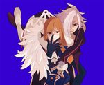  1boy 1girl bare_shoulders breasts brown_hair gelda_nebilim glasses hug jade_curtiss lipstick long_hair makeup red_eyes short_hair tales_of_(series) tales_of_the_abyss white_hair wings 