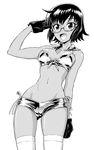  bikini fang glasses gloves greyscale highres kurayami_joe monochrome original short_hair solo swimsuit thighhighs 