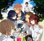  another black_hair book brown_hair chopsticks food glasses highres jacket kazami_tomohiko lastgray mochizuki_yuuya multiple_boys obentou ouji_makoto rice sakakibara_kouichi sandwich saruta_noboru school_uniform teshigawara_naoya track_jacket yakisobapan 