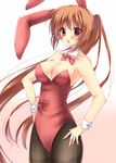  amane_ruri animal_ears bow bowtie brown_eyes brown_hair bunny_ears bunnysuit detached_collar highres long_hair md5_mismatch original pantyhose ponytail solo wrist_cuffs 