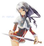 bad_id bad_pixiv_id dress kanon kawasumi_mai left-handed one_eye_closed red_skirt silver_eyes silver_hair simple_background skirt solo sword weapon white_background yae_(mono110) 