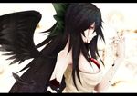  arm_up bird_wings black_hair black_wings blood bloody_tears bow breasts crack cracked_skin dissolving dying feathers hair_bow large_breasts letterboxed long_hair nue0192 reiuji_utsuho ribbon shirt solo third_eye touhou upper_body very_long_hair wings 