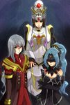  1boy 2girls bare_shoulders blue_hair breasts brown_hair duke_pantarei elraine green_eyes grey_hair hat long_hair multiple_girls orange_eyes schwartz tales_of_(series) tales_of_destiny_2 tales_of_legendia tales_of_vesperia 