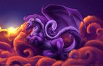  blue_eyes claws cloud curiodraco dragon female feral fur furred_dragon horn nude purple_fur solo wings 