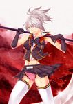  bare_shoulders blue_eyes breasts cape final_fantasy final_fantasy_type-0 hair_over_one_eye midriff navel panties sice_(fft-0) silver_hair skirt thighhighs torn_clothes underwear weapon 