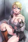 areola_slip areolae blonde_hair blue_eyes boots breasts choker cleavage demento fiona_belli large_breasts long_sleeves no_bra panties ponytail sgk sitting skirt solo tears torn_clothes underwear wavy_mouth 