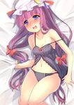  babydoll bad_id bad_pixiv_id bed_sheet black_panties blush chemise crescent hair_ribbon hat highres lace lace-trimmed_panties long_hair lying midriff navel off_shoulder on_back open_mouth oruto_(ort+) panties patchouli_knowledge purple_eyes purple_hair ribbon sheet_grab solo strap_slip tears touhou underwear wavy_mouth 
