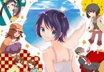  6+girls :3 :t araragi_karen araragi_tsukihi bare_shoulders black_eyes black_hair blue_eyes blush blush_stickers coffee coffee_mug cup curry_gohan hachikuji_mayoi hair_ornament hat japanese_clothes kagenui_yozuru kaiki_deishuu kimono looking_back monogatari_(series) mug multiple_girls nisemonogatari open_mouth pink_eyes purple_hair sengoku_nadeko senjougahara_hitagi short_hair siblings sisters sitting smile twintails 