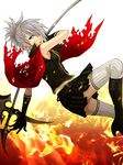  bare_shoulders blue_eyes boots cape final_fantasy final_fantasy_type-0 fire hair_over_one_eye panties ponytail sice_(fft-0) silver_hair skirt thighhighs underwear 