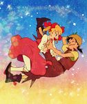  1girl 80s 90s bad_id bad_pixiv_id blonde_hair bloomers blue_eyes boots gradient gradient_background hair_ribbon hand_on_headwear hat holding_hands nonanemon oldschool one_eye_closed open_mouth peter_pan_(character) peter_pan_no_bouken ribbon short_twintails skirt skirt_lift sky smile star_(sky) starry_sky twintails underwear wendy_darling 