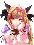  animal_ears bad_id bad_pixiv_id beatmania beatmania_iidx blonde_hair bow breasts cat_ears cleavage gloves hairband hand_on_own_face highres long_hair maid_headdress medium_breasts nanotaro red_eyes solo the_knee_socks_princess_of_glass upper_body white_gloves 