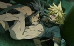 2boys abs armor ass black_gloves black_hair blonde_hair blue_eyes bottomless cloud_strife crisis_core_final_fantasy_vii final_fantasy final_fantasy_vii gloves hand_over_mouth legs_held_open licking lying male male_focus mazjojo multiple_boys muscle nipple_licking nippleplay nipples nude on_back outdoors penentration set shirt_lift spiked_hair testicles tongue turtleneck uniform yaoi zack zack_fair 