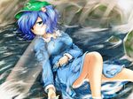  blue_eyes blue_hair blush breasts hair_bobbles hair_ornament hat highres kawashiro_nitori key large_breasts lying on_back open_mouth red_star_(toranecomet) river rock short_hair skirt smile solo sunlight touhou two_side_up water wet wet_clothes 