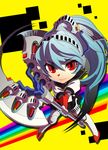  android aqua_hair armor axe bad_id bad_pixiv_id battle_axe blue_hair chibi cyborg headphones jinkai_yamizawa labrys lips long_hair looking_at_viewer persona persona_4:_the_ultimate_in_mayonaka_arena pleated_skirt ponytail rainbow red_eyes ringed_eyes robot_joints school_uniform serafuku simple_background skirt smile solo very_long_hair weapon yellow_background 