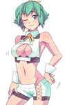 aquarion_(series) aquarion_evol breasts cleavage cleavage_cutout green_hair hair_ribbon highres large_breasts looking_at_viewer midriff navel no_panties one_eye_closed ossan_331 revealing_clothes ribbon short_hair short_shorts shorts solo wrist_cuffs zessica_wong 