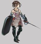  1boy androgynous armor bare_shoulders black_eyes boots brown_hair c.cu detached_sleeves epee full_body gauntlets grey_background male male_focus original sabatons shield simple_background solo standing sword weapon 