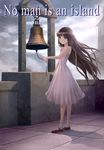  arm_up bare_shoulders bell blue_eyes bobby_socks book brown_hair building cloud cloudy_sky collarbone cross dress english highres holding lips looking_at_viewer mary_janes misakamitoko0903 original pink_dress shoes sky socks solo standing stone_wall tears wall wind 