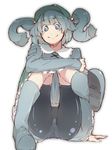  bike_shorts blue_eyes blue_hair boots face hair_bobbles hair_ornament hat highres kawashiro_nitori pisoshi rubber_boots smile solo touhou two_side_up 