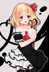  adapted_costume ascot banned_artist bare_shoulders black_legwear blonde_hair blush fang garter_straps hair_ribbon heart highres open_mouth red_eyes ribbon rumia short_hair solo tamazusa thighhighs touhou 