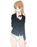  ammi blazer blue_panties bow bowtie jacket light_brown_hair no_pants original panties ponytail shy simple_background solo striped striped_panties underwear yellow_eyes 