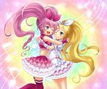  beamed_eighth_notes beamed_sixteenth_notes blonde_hair blue_eyes bow choker cure_melody cure_rhythm dress eighth_note frills green_eyes hair_ribbon houjou_hibiki hug long_hair magical_girl midriff minamino_kanade multiple_girls mushuu musical_note one_eye_closed open_mouth pink_bow pink_hair precure rainbow_background ribbon suite_precure thighhighs white_choker 