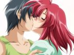  1boy 1girl blush eyes_closed game_cg green_eyes kawamori_keiko kiss red_hair tsuki_possession yamane_masahiro zyx 