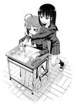  abua ahoge blush braid desk drawing eraser greyscale highres hug hug_from_behind monochrome multiple_girls original pencil school_desk school_uniform side_braid simple_background sitting white_background 