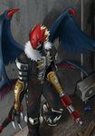  beelzebumon_x belt blonde_hair bttfghn buckle claws digimon fur_coat gauntlets green_sclera grey_skin gun mask multiple_wings no_humans red_eyes short_hair solo spikes tail third_eye weapon wings yellow_eyes 