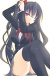  alternate_costume biting black_hair bow breasts crossed_legs hair_bow hair_ornament long_hair medium_breasts minagi neptune_(series) noire one_eye_closed red_eyes ribbon school_uniform sitting solo thighhighs very_long_hair 