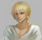  blonde_hair casual earrings face fate/zero fate_(series) gilgamesh grey_background jewelry lips luoyin male_focus necklace realistic red_eyes upper_body 