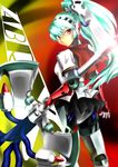  absurdres android aqua_hair axe battle_axe blue_hair headphones highres labrys long_hair pantyhose persona persona_4:_the_ultimate_in_mayonaka_arena pleated_skirt ponytail red_eyes rivolberdragon robot_joints school_uniform skirt solo very_long_hair weapon 