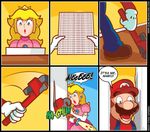  1girl blonde_hair blue_eyes break brown_hair crown dated door english facial_hair female gloves hard_translated here's_johnny! male mario monkey_wrench monky_wrench mustache nintendo paordy parody perry plumber princess princess_peach screaming steve_napieski super_mario_bros. super_princess_peach suspenders the_shining translated umbrella web_address 