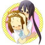  black_hair brown_eyes brown_hair forehead hair_tousle hamioura k-on! long_hair multiple_girls nakano_azusa open_mouth school_uniform short_hair smile tainaka_ritsu tears twintails 