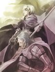  1girl armor armored_dress blonde_hair braid caster_(fate/zero) dress fate/apocrypha fate/zero fate_(series) flag gauntlets grey_hair headpiece jeanne_d'arc_(fate) jeanne_d'arc_(fate)_(all) knight long_hair marymary24 purple_eyes single_braid 