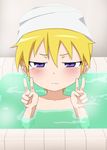  bathing bathtub blonde_hair blush double_v kill_me_baby partially_submerged purple_eyes ribonzu solo sonya_(kill_me_baby) towel towel_on_head v water 
