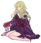  1boy androgynous barefoot blue_eyes flower frown green_hair japanese_clothes kuuko long_hair male male_focus original sitting solo 